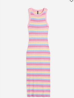 H&M Sleeveless Striped Ribbed Maxi Dress in Pastel Pink, Blue, Yellow, Cream
